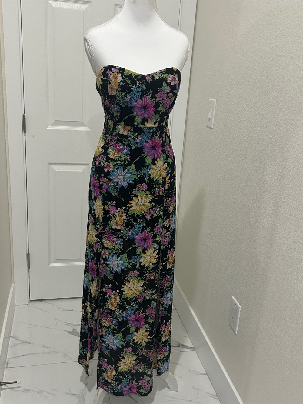 Reverse Black Strapless Floral Maxi Dress with Multicolor Blooms